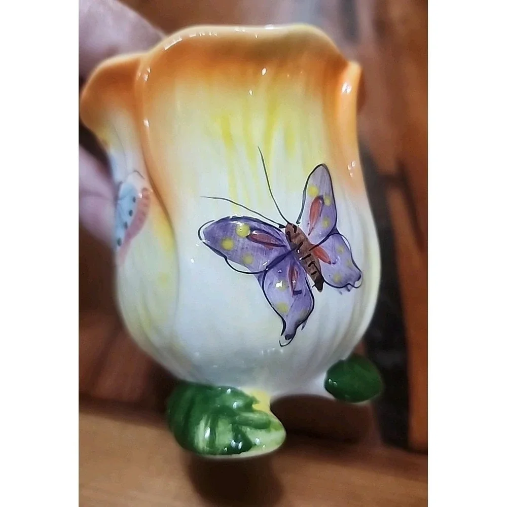 Vintage Butterfly Handpainted Small Bud Vase Planter Footed Colorful 3 1/2 X 3